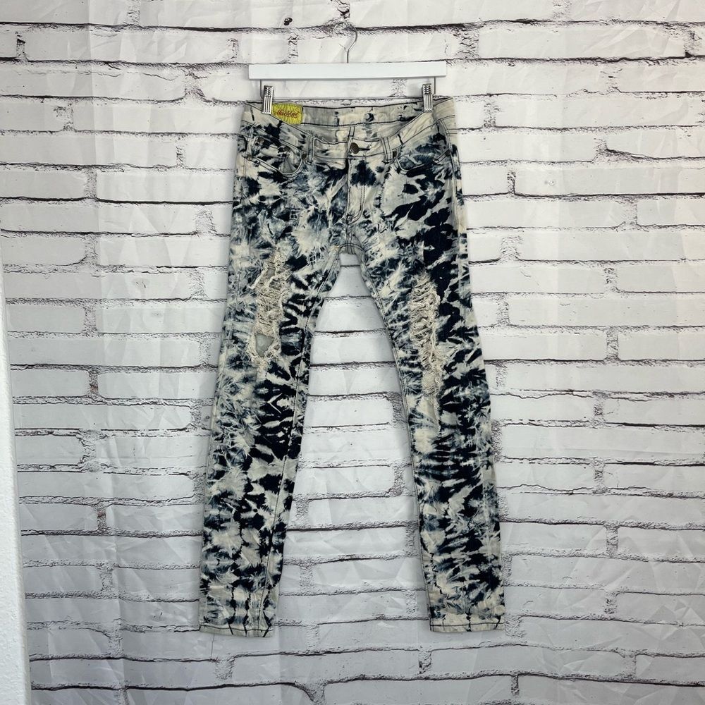 Machine Nouvelle Mode Women’s Straight Jeans Black Cream Tie-Dye Ripped 30x31